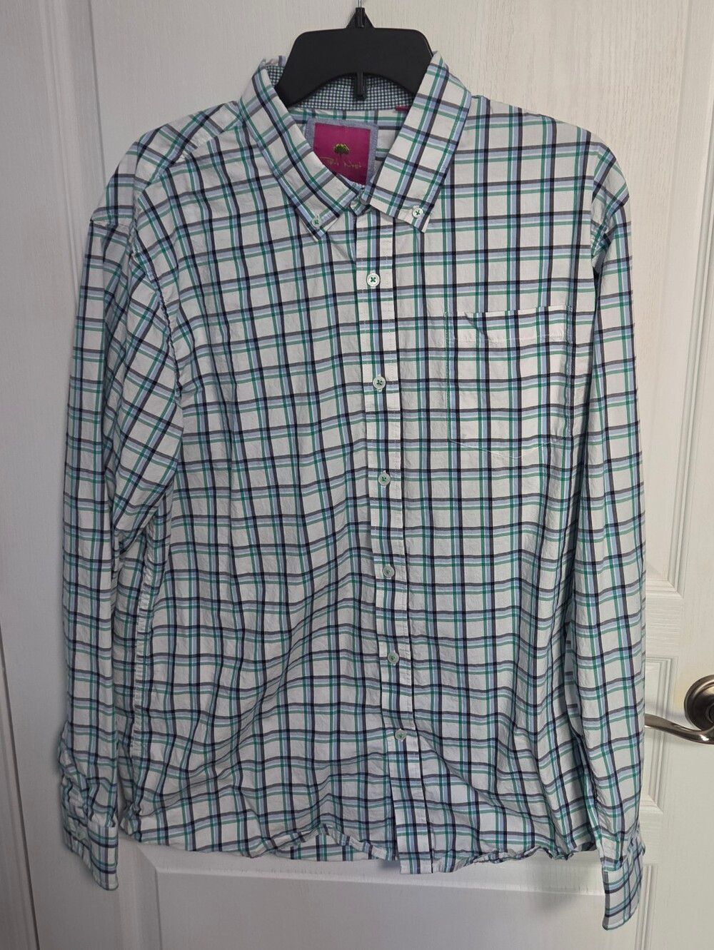 Park West Plaid Shirt Long Sleeve Cotton  Buttondown Blue Green White Mens XL